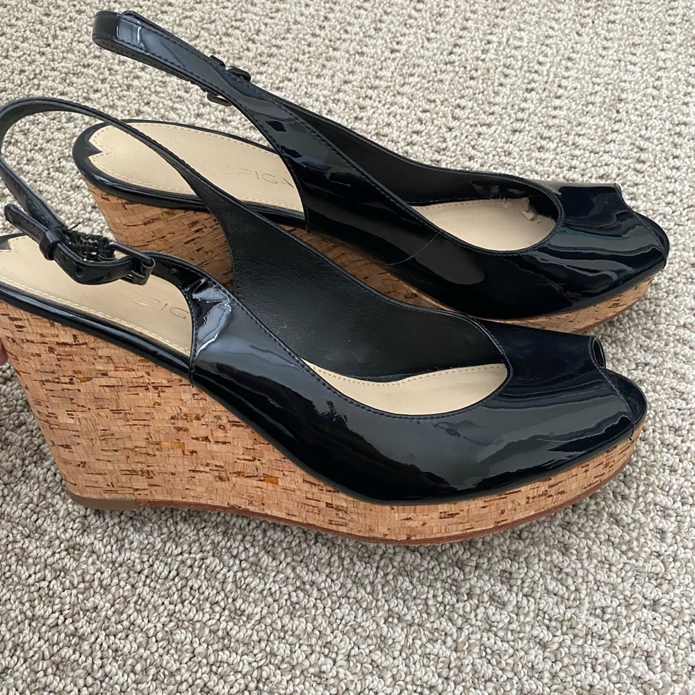 Via Spiga Romia Black Patent Leather Sling Back Cork Wedge  Platform Black Sz 9